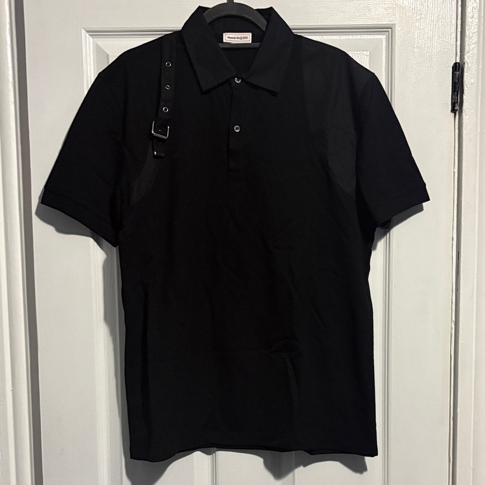Alexander McQueen Black Polo Shirt with Strap Detail